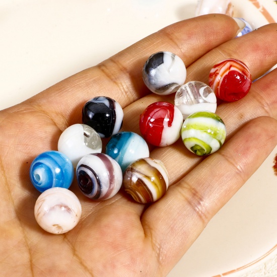 Picture of Lampwork Glass Beads For DIY Charm Jewelry Making Round Multicolor Texture About 12mm Dia, Hole: Approx 2mm-1mm