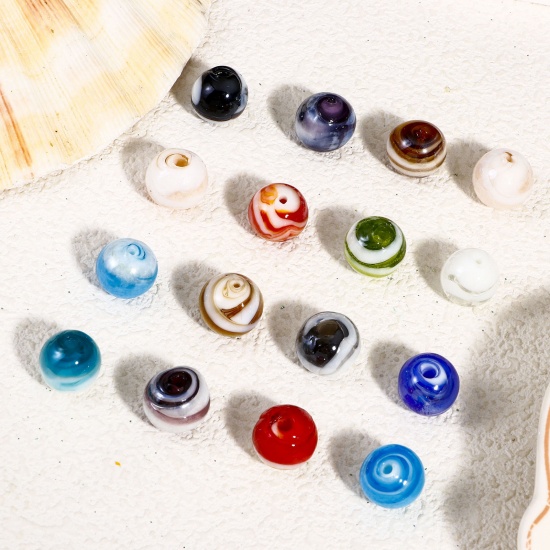 Picture of Lampwork Glass Beads For DIY Charm Jewelry Making Round Multicolor Texture About 12mm Dia, Hole: Approx 2mm-1mm