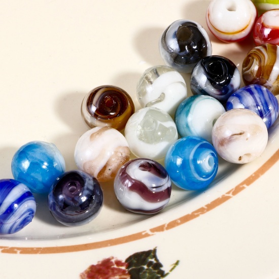 Image de 10 Pcs Perles pour DIY Fabrication de Bijoux de Pendentife en Verre au Chalumeau Rond Multicolore Texture 12mm Dia, Trou: 2mm-1mm