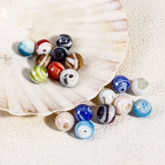 Immagine di 10 Pz Lampwork Vetro Perline per la Creazione di Gioielli con Ciondoli Fai-da-te Tondo Multicolore Struttura Disegno Circa 12mm Dia, Foro: Circa 2mm-1mm