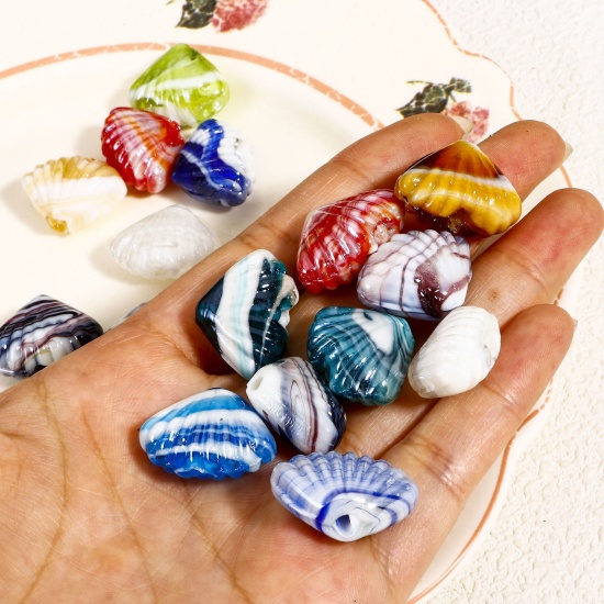 Picture of Lampwork Glass Ocean Jewelry Beads For DIY Charm Jewelry Making Shell Multicolor Texture About 22mm x 16mm, Hole: Approx 2.5mm-1.5mm