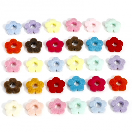 Picture of Acrylic Flora Collection Beads For DIY Charm Jewelry Making At Random Mixed Color Flower Flocking About 20mm x 19mm, Hole: Approx 1.2mm