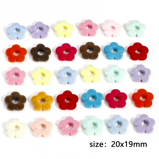 Picture of Acrylic Flora Collection Beads For DIY Charm Jewelry Making At Random Mixed Color Flower Flocking About 20mm x 19mm, Hole: Approx 1.2mm
