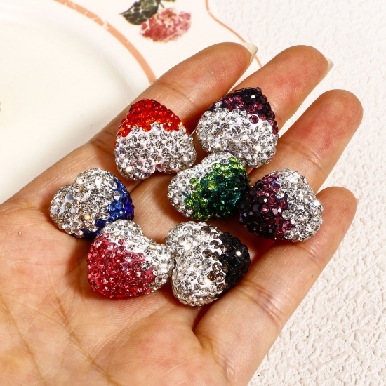 Picture of Polymer Clay & Rhinestone Valentine's Day Beads For DIY Charm Jewelry Making Heart Multicolor 3D About 18mm x 17mm, Hole: Approx 1.5mm