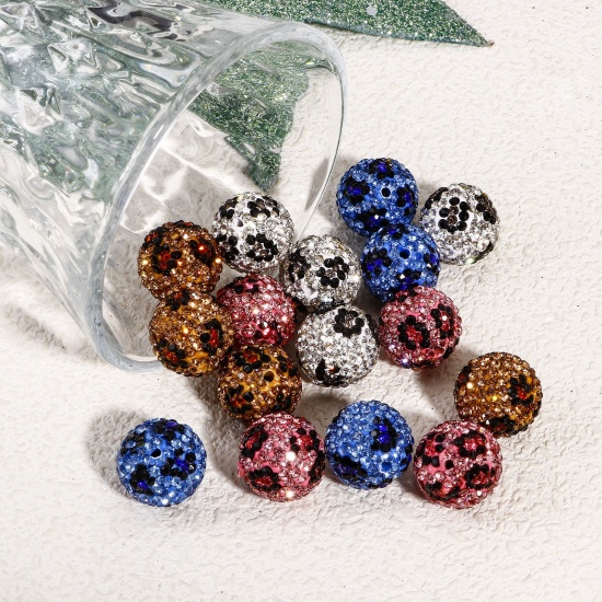 Picture of Polymer Clay & Rhinestone Beads For DIY Charm Jewelry Making Round Multicolor Leopard Print Pattern Glitter About 16mm Dia, Hole: Approx 1.5mm