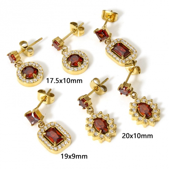 Picture of 304 Stainless Steel Ear Post Stud Earrings 18K Real Gold Plated Red Geometric Clear Cubic Zirconia