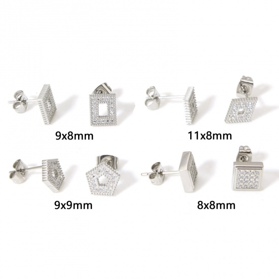 Picture of 304 Stainless Steel Ear Post Stud Earrings Real Platinum Plated Geometric Clear Cubic Zirconia