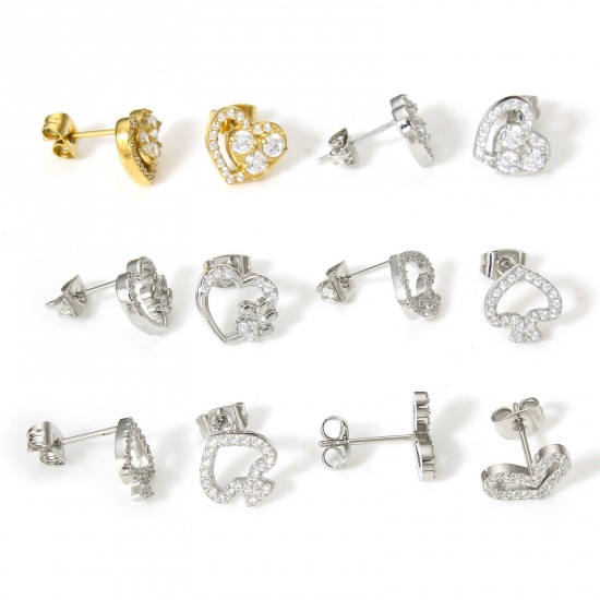 Picture of 304 Stainless Steel Ear Post Stud Earrings Real Gold Plated Heart Clear Cubic Zirconia