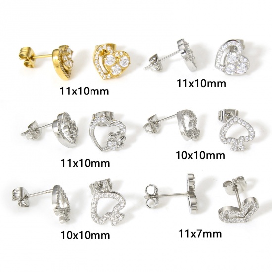 Picture of 304 Stainless Steel Ear Post Stud Earrings Real Gold Plated Heart Clear Cubic Zirconia