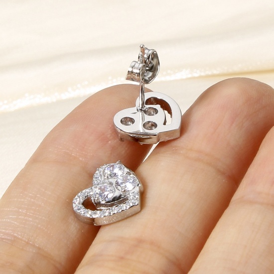 Picture of 304 Stainless Steel Ear Post Stud Earrings Real Gold Plated Heart Clear Cubic Zirconia