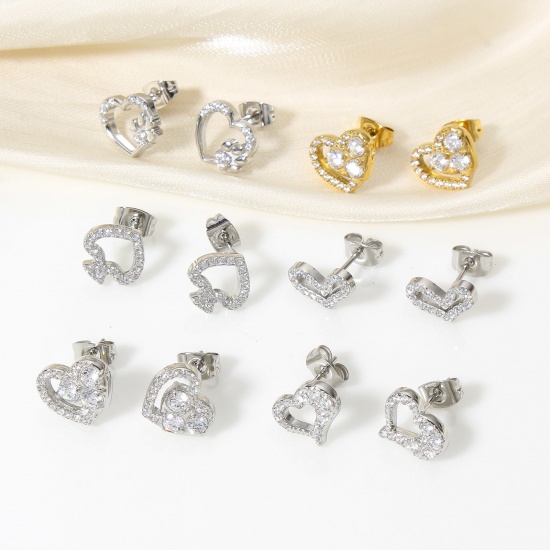 Picture of 304 Stainless Steel Ear Post Stud Earrings Real Gold Plated Heart Clear Cubic Zirconia