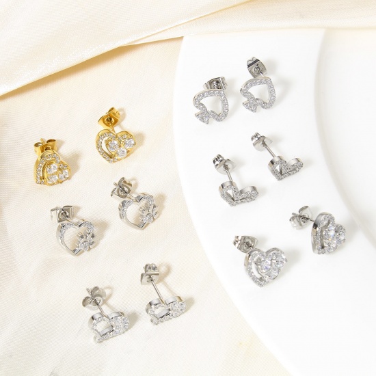 Picture of 304 Stainless Steel Ear Post Stud Earrings Real Gold Plated Heart Clear Cubic Zirconia