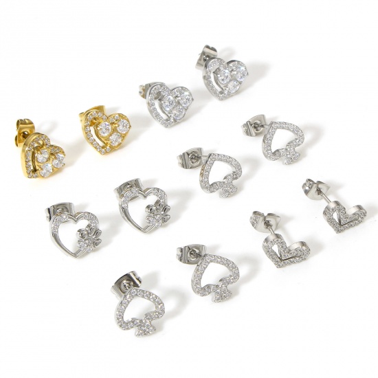 Picture of 304 Stainless Steel Ear Post Stud Earrings Real Gold Plated Heart Clear Cubic Zirconia