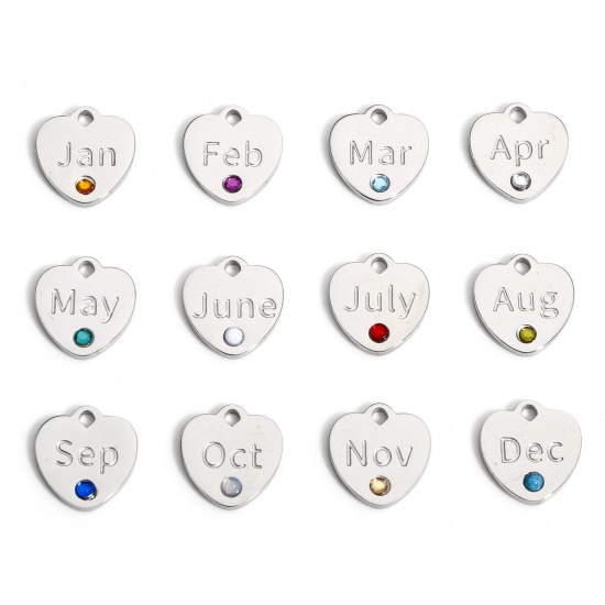 Picture of 304 Stainless Steel Birthstone Charms Silver Tone Heart Multicolor Rhinestone