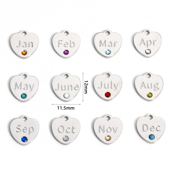 Picture of 304 Stainless Steel Birthstone Charms Silver Tone Heart Multicolor Rhinestone
