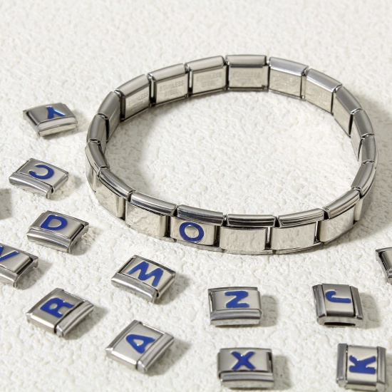 Immagine di 1 Pz 304 Acciaio Inossidabile Bracciale con Charm Italiano a Maglie, Creazione di Gioielli Fai-da-te Tono Argento Blu Rettangolo Lettera Maiuscola Messaggio " A-Z " Smalto 10mm x 9mm