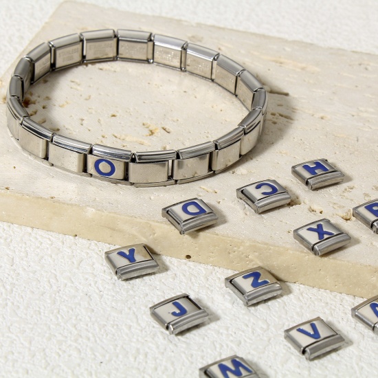 Immagine di 1 Pz 304 Acciaio Inossidabile Bracciale con Charm Italiano a Maglie, Creazione di Gioielli Fai-da-te Tono Argento Blu Rettangolo Lettera Maiuscola Messaggio " A-Z " Smalto 10mm x 9mm