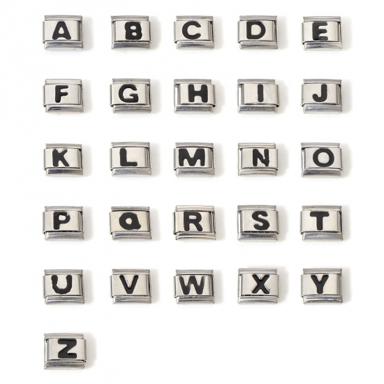 Picture of 304 Stainless Steel Italian Charm Links For DIY Bracelet Jewelry Making Silver Tone Black Rectangle Initial Alphabet/ Capital Letter Message " A-Z " Enamel 10mm x 9mm