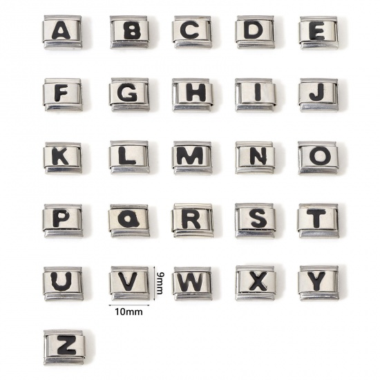 Picture of 304 Stainless Steel Italian Charm Links For DIY Bracelet Jewelry Making Silver Tone Black Rectangle Initial Alphabet/ Capital Letter Message " A-Z " Enamel 10mm x 9mm