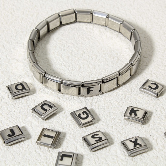 Picture of 304 Stainless Steel Italian Charm Links For DIY Bracelet Jewelry Making Silver Tone Black Rectangle Initial Alphabet/ Capital Letter Message " A-Z " Enamel 10mm x 9mm