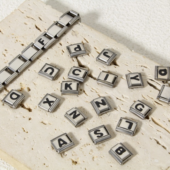 Picture of 304 Stainless Steel Italian Charm Links For DIY Bracelet Jewelry Making Silver Tone Black Rectangle Initial Alphabet/ Capital Letter Message " A-Z " Enamel 10mm x 9mm