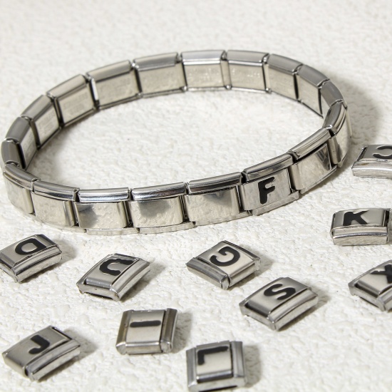 Picture of 304 Stainless Steel Italian Charm Links For DIY Bracelet Jewelry Making Silver Tone Black Rectangle Initial Alphabet/ Capital Letter Message " A-Z " Enamel 10mm x 9mm