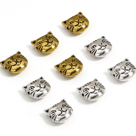 Bild von 50 Stück Zinklegierung Zwischenperlen Spacer Perlen für die Herstellung von DIY-Charme-Schmuck Bunt Katze ca. 11mm x 11mm, Loch:ca. 1.4mm