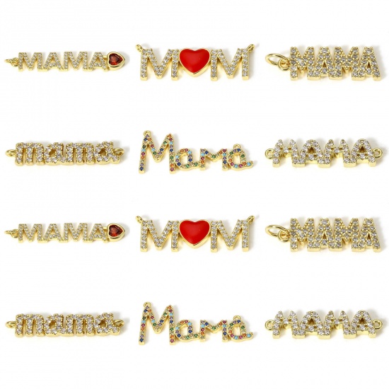 Picture of Brass Mother's Day Connectors Charms Pendants 18K Real Gold Plated Micro Pave Clear Cubic Zirconia