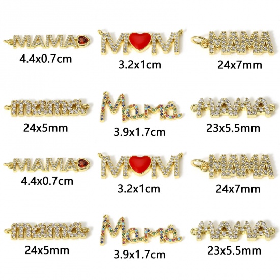 Picture of Brass Mother's Day Connectors Charms Pendants 18K Real Gold Plated Micro Pave Clear Cubic Zirconia