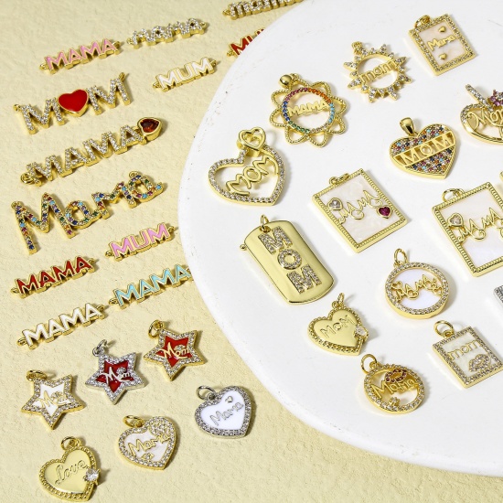 Picture of Brass Mother's Day Connectors Charms Pendants 18K Real Gold Plated Micro Pave Clear Cubic Zirconia