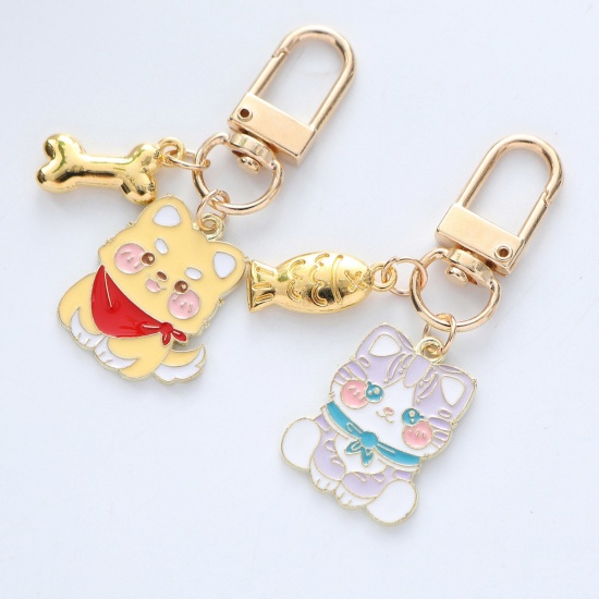 Picture of Cute Keychain & Keyring Gold Plated Cup Cat Enamel