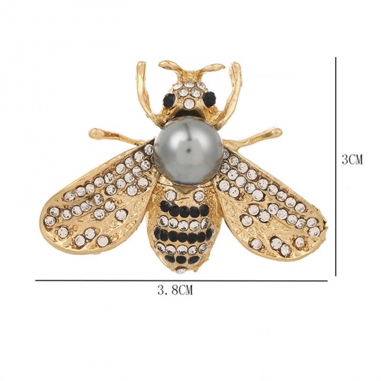 Bild von 1 Stück Insekt Brosche Biene Vergoldet Bunt Imitat Perle Schwarz & Transparent Strass