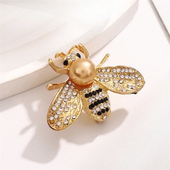 Bild von 1 Stück Insekt Brosche Biene Vergoldet Bunt Imitat Perle Schwarz & Transparent Strass
