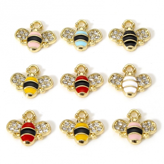 Image de 10 Pcs Breloques Insecte en Alliage de Zinc Doré Multicolore Abeille à Strass Transparent Émail 15mm x 13mm