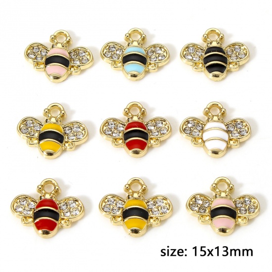 Image de 10 Pcs Breloques Insecte en Alliage de Zinc Doré Multicolore Abeille à Strass Transparent Émail 15mm x 13mm