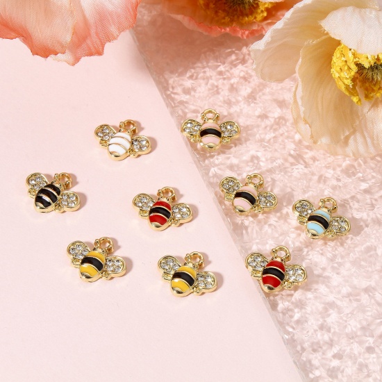 Image de 10 Pcs Breloques Insecte en Alliage de Zinc Doré Multicolore Abeille à Strass Transparent Émail 15mm x 13mm