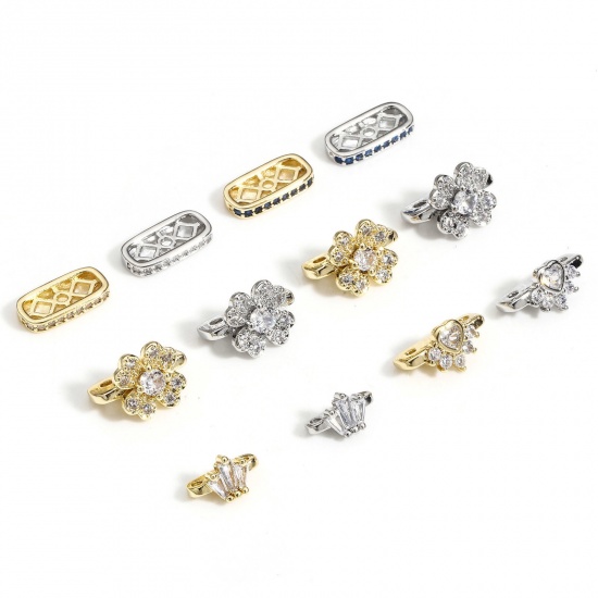 Picture of Brass Stylish Beads For DIY Charm Jewelry Making Real Gold Plated Rectangle Clear Rhinestone                                                                                                                                                                  