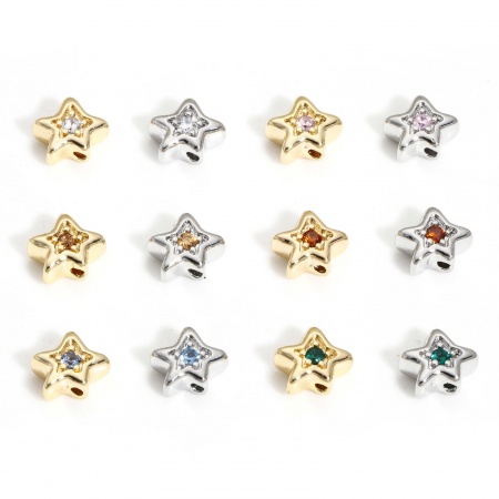 Brass Stylish Beads For DIY Jewelry Making Real Gold Plated Pentagram Star Multicolor Rhinestone