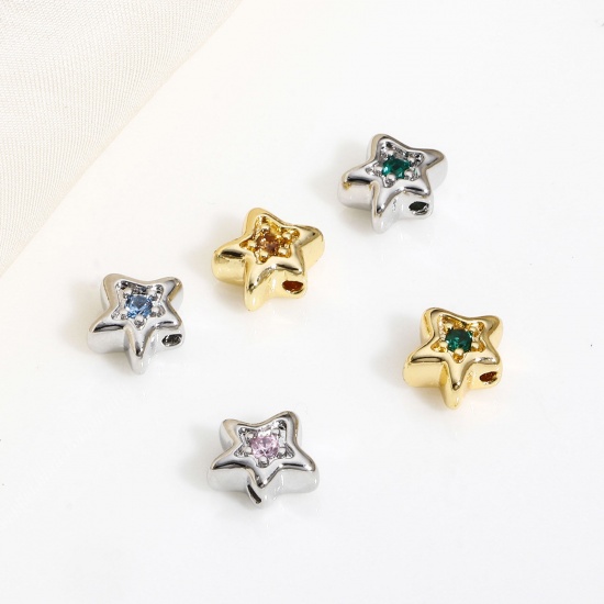 Picture of Brass Stylish Beads For DIY Charm Jewelry Making Real Gold Plated Pentagram Star Multicolor Rhinestone                                                                                                                                                        