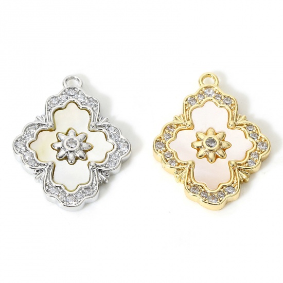 Picture of Natural Shell & Brass Style Of Royal Court Character Charms Multicolor Rhombus Micro Pave Clear Cubic Zirconia 19mm x 15mm