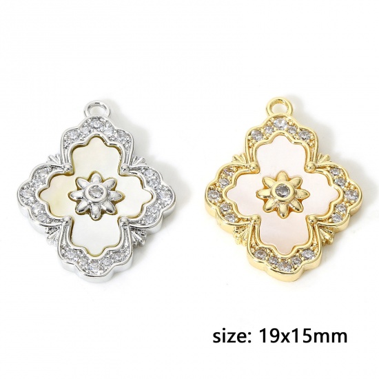Picture of Natural Shell & Brass Style Of Royal Court Character Charms Multicolor Rhombus Micro Pave Clear Cubic Zirconia 19mm x 15mm