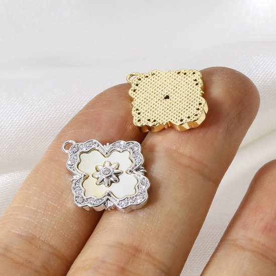 Picture of Natural Shell & Brass Style Of Royal Court Character Charms Multicolor Rhombus Micro Pave Clear Cubic Zirconia 19mm x 15mm