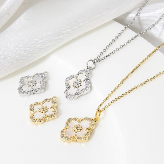 Picture of Natural Shell & Brass Style Of Royal Court Character Charms Multicolor Rhombus Micro Pave Clear Cubic Zirconia 19mm x 15mm