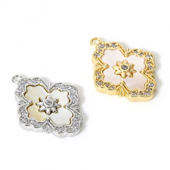 Picture of Natural Shell & Brass Style Of Royal Court Character Charms Multicolor Rhombus Micro Pave Clear Cubic Zirconia 19mm x 15mm