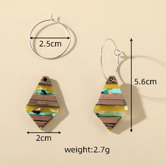 Picture of Resin & Wood Ethnic Earrings Silver Tone Multicolor Rhombus Splicing