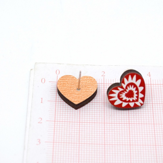 Picture of Wood Valentine's Day Ear Post Stud Earrings Multicolor Heart Cupid