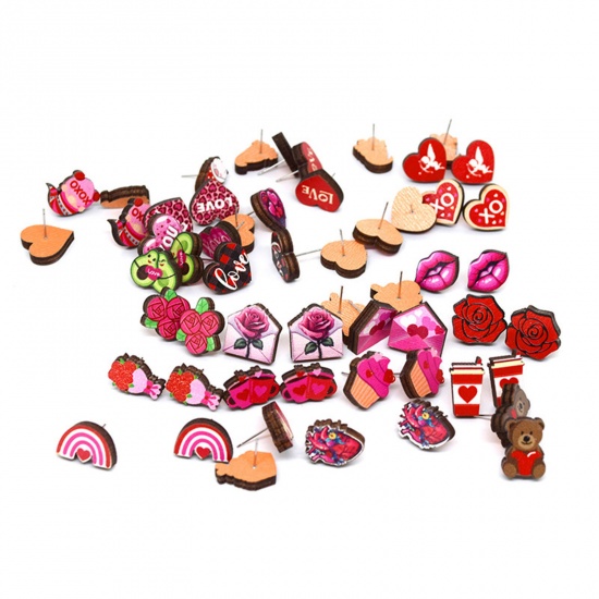 Immagine di 1 Paio Legno San Valentino Orecchini a Perno Multicolore Cuore Cupido