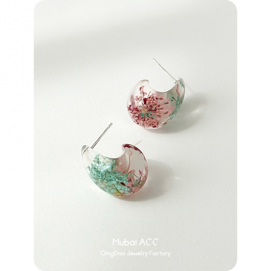 Picture of Resin Handmade Resin Jewelry Real Flower Ear Post Teardrop Chubby Stud Earrings Multicolor Cashew Drop