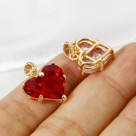 Picture of 1 Piece Brass Valentine's Day Charm Pendant 18K Real Gold Plated Heart Multicolour Cubic Zirconia 20mm x 14mm