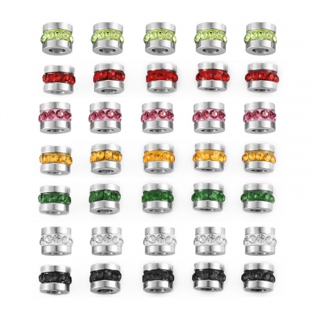 304 Stainless Steel Birthstone Beads For DIY Jewelry Making Single Hole Tube Silver Tone Multicolor Rhinestone